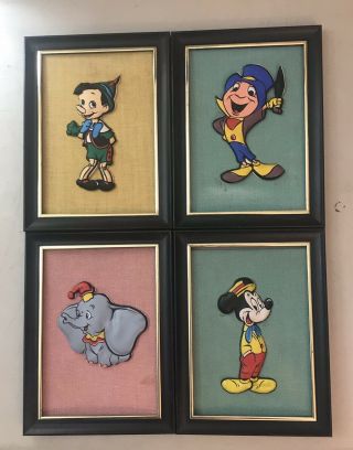 Vintage Set Framed 3d Disney Jiminy Cricket,  Pinocchio,  Mickey Mouse,  And Dumbo