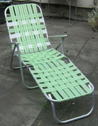 Vintage Aluminum Folding Lounge Lawn Chair Chaise W/ Lime Green Webbing