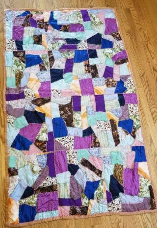 Vintage Handmade Crazy Quilt Silk Bed Shall Throw Blanket 41 " X 73 "