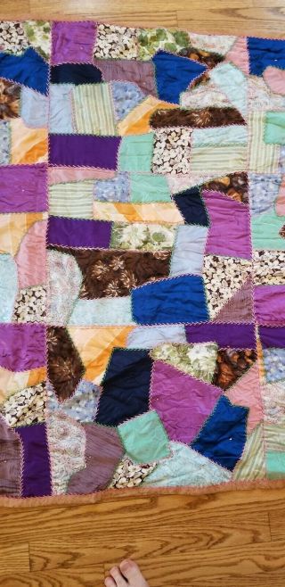 Vintage Handmade Crazy Quilt Silk Bed Shall Throw Blanket 41 