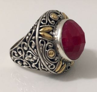 Vintage Fancy 925 Sterling Silver 18k Gold Ring Size 7.  25 W Faceted Red Gemstone