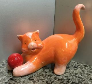 Ceramic Cat Playing With A Ball 5 1/2 " Tall Porcelain Figurine Orange R19h
