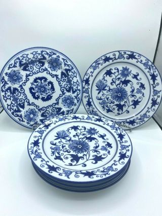 Vintage Bombay China 11 " Dinner Plates Cobalt Blue & White Floral Set Of 6