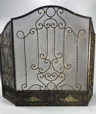 Vintage Ornate Fireplace Screen Mesh 3 Panel Rustic Heavy Wrought Iron