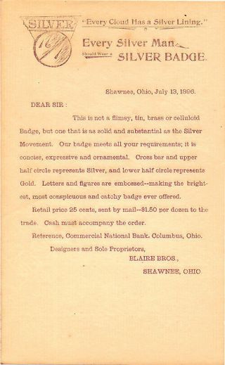 1896 Wm.  Jennings Bryan 16 - To - 1 Silver Badge Illus.  Advertising Circular (7304)