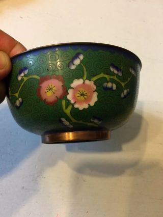 Chinese Cloisonné Flower Design Green And Blue Bowl From Estate