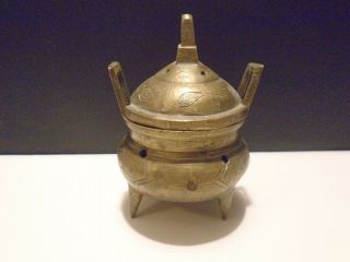 Brass Chinese Incense Burner Etched Footed With Lid