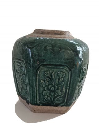 Antique Chinese Shiwan Hexagonal Green Celadon Pottery Jar Vase