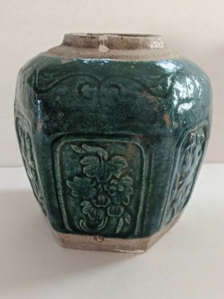 Antique Chinese Shiwan Hexagonal Green Celadon Pottery Jar Vase 2