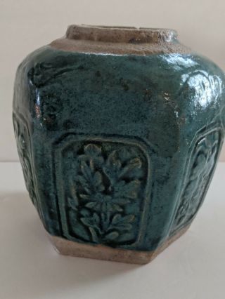 Antique Chinese Shiwan Hexagonal Green Celadon Pottery Jar Vase 3