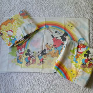 Vintage Disney Mickey Rainbow Twin Sheet Set Flat Fitted Pillowcase Pacific