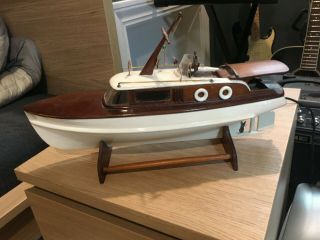 Vintage Chris Craft (?) Wooden & Plastic Model Boat W/ Stand