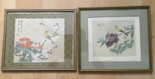 Pair Vintage Chinese Painting Hand Painted On Silk Picture Framed & Signed