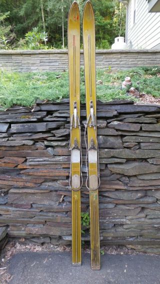 Vintage Wooden 74 " Long Skis Olive Finish With Cable Bindings