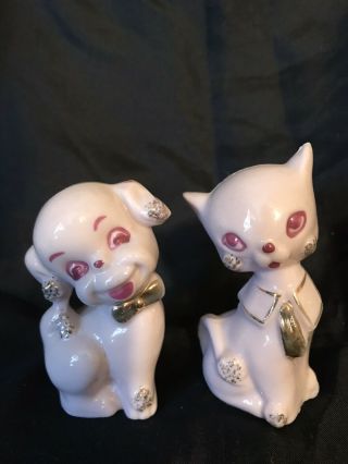 Vintage Collectible Dog And Cat Figurines Made In Japan Pink And Gold