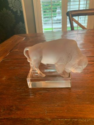 Vintage Lalique Frosted Crystal Art Glass Buffalo Figurine - France - Signed