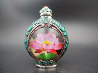 Old Chinese Hand - made Inlay Figure Pattern Cloisonne Snuff Bottle Copper Spoon 2