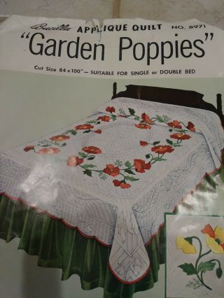 Vintage Bucilla Garden Poppies Appliqué Quilt Kit 8971 Open Package But Complete
