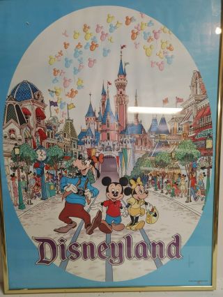 Vintage Disneyland Castle Art Poster Mickey Minnie Mouse Goofy Main Street 1980s
