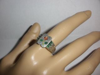vintage Chinese export silver adjustable enamel flower ring signed size 8.  25 2