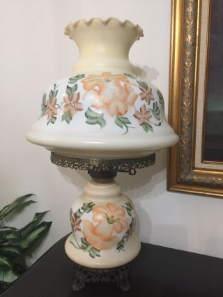 Vintage Hurricane Lamp With Hand Painted Touches Large Gwtw And 3 Way Lighting