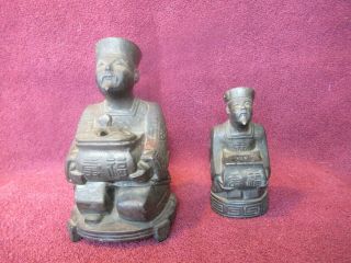 Vintage Metal Incense Burner - Asian Man Holding Chest / Trunk With Smaller Bro