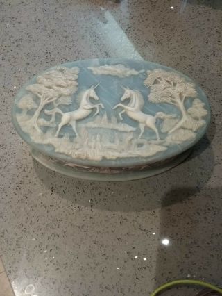 Vtg Incolay Stone Unicorn Jewelry Trinket Velvet Box R.  Nemith Blue & White Usa