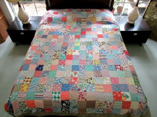 Full Vintage Feed Sacks Machine Pieced Hit & Miss Quilt Top W/ Backing