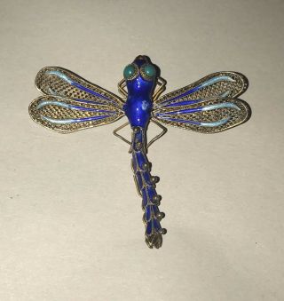Vintage Chinese Gilt Sterling Silver Enameled Articulated Dragonfly Brooch