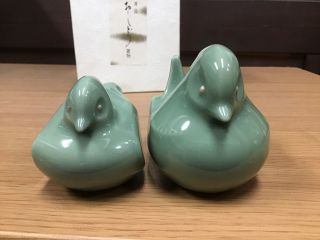 Y0641 OKIMONO Pottery Celadon Mandarin Duck Japanese antique statue figure Japan 2