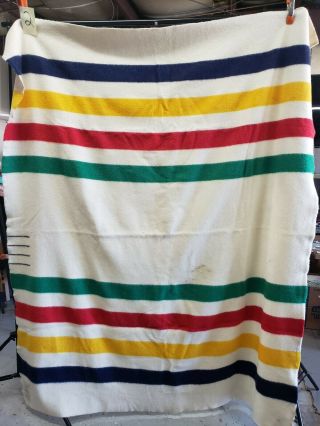 Hudson Bay 4 Point Blanket 100 Wool Vintage 74 X 88 Inches Made In England