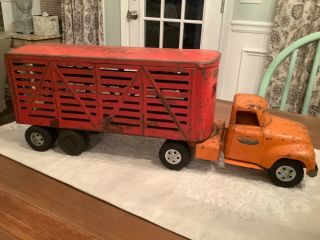Vintage Tonka Toys Mound Metalcraft Orange Steel Red Livestock Trailer Truck
