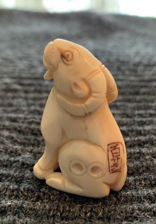 NETSUKE – JAPANESE HAND CRAVED ANTIQUE SIGNED Of A Ram With Horns 2