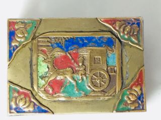Vintage/antique Chinese Brass Match Box Holder W/deer Pulling Covered Chariot