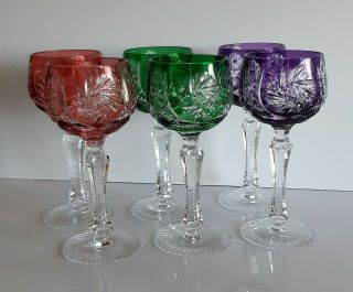 Vintage Bohemian Colored Wine Hocks / Goblets,  Set Of 6