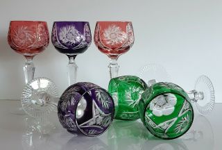 Vintage Bohemian Colored Wine Hocks / Goblets,  Set of 6 2