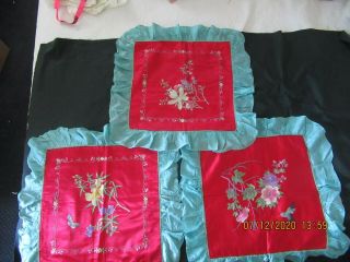3 Antique Chinese Silk Cushion Pillow Covers Embroidered Boudoir