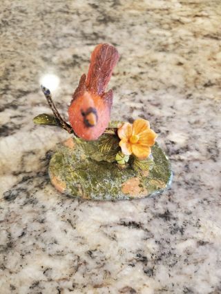 2001 Ceramic Red Cardinal Sitting On A Handed Polished Natural Stone Base