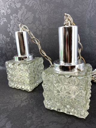 Vintage Mcm Clear Double Hanging Swag Lamps Lights Diamond Regency Midcentury
