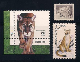 Mountain Lion,  Panther,  Cougar,  Puma - Set Of 3 U.  S.  Stamps -