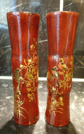 Vintage/antique Chinese Wooden Red Lacquer/hand Painted/gilt Bird Vases