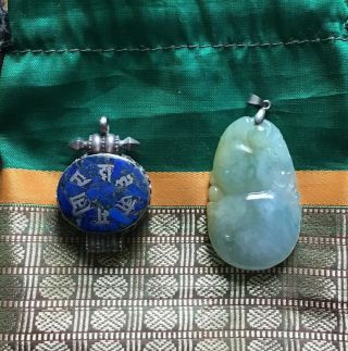 Chinese Green Carved Jade & 925 Silver & Blue Enamal Oriental Necklace Pendants