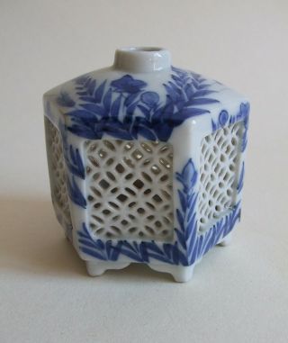 Small Chinese Porcelain Reticulated Jar / Pot Blue & White Incense Stick Holder
