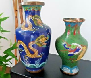 Two Small Antique Vintage Chinese Dragon Cloisonne Brass Vases Blue And Green