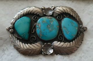 Vtg Native American Sterling Silver Large Blue Turquoise Brooch Pin W/ 3 Stones