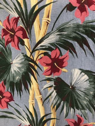Vintage 1940’s Barkcloth Tropical Hibiscus Floral And Bamboo Blue Background
