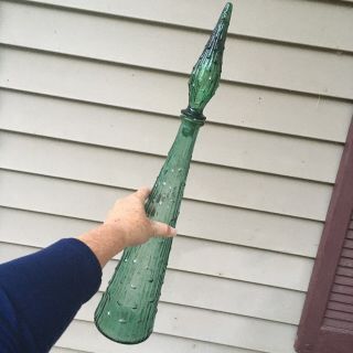 Vtg Tall Green Decanter Bubble Hobnail Art Glass 22 " Genie Bottle W/ Stopper