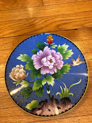 Chinese Cloisonné Blue Enamel 8 " Plate Red White Floral And Bird Gold Accent
