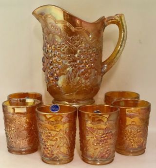 Vintage Imperial Grape Marigold Carnival Glass Water Pitcher Set W/ 6 Tumblers