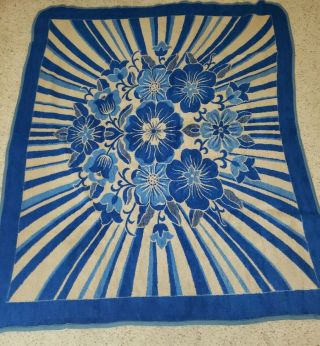 Vintage San Marcos Blanket Reversible Blue/tan Floral Flowers 66 X 81 No Tag